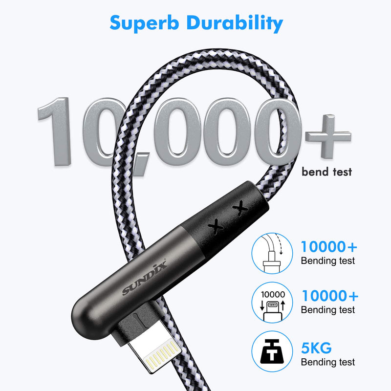 [Australia - AusPower] - Phone Charger, Sundix Lightning Cable 3 Pack 10FT [MFi Certified], Nylon Braided 90 Degree iPhone Charger Cable Compatible 12/12mini/12Pro/11/11Pro/X/Xs Max/XR/8 Black Gray 