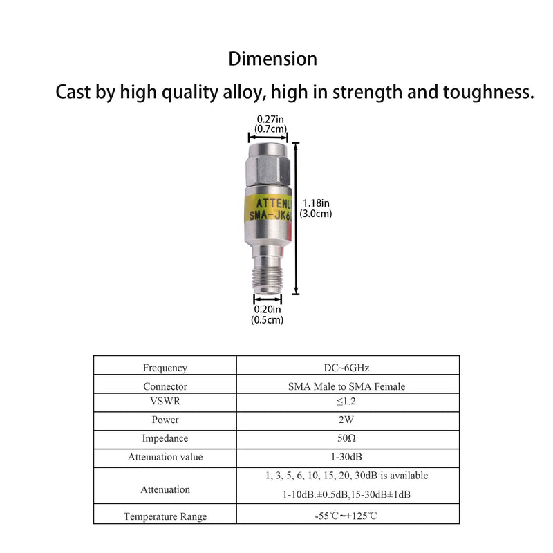 [Australia - AusPower] - ZDTECH SMA Male to SMA Female Coaxial RF Attenuator, DC to 6.0GHz,50Ohm,2W,1-30dB Constant Attenuator（5dB） 5dB 