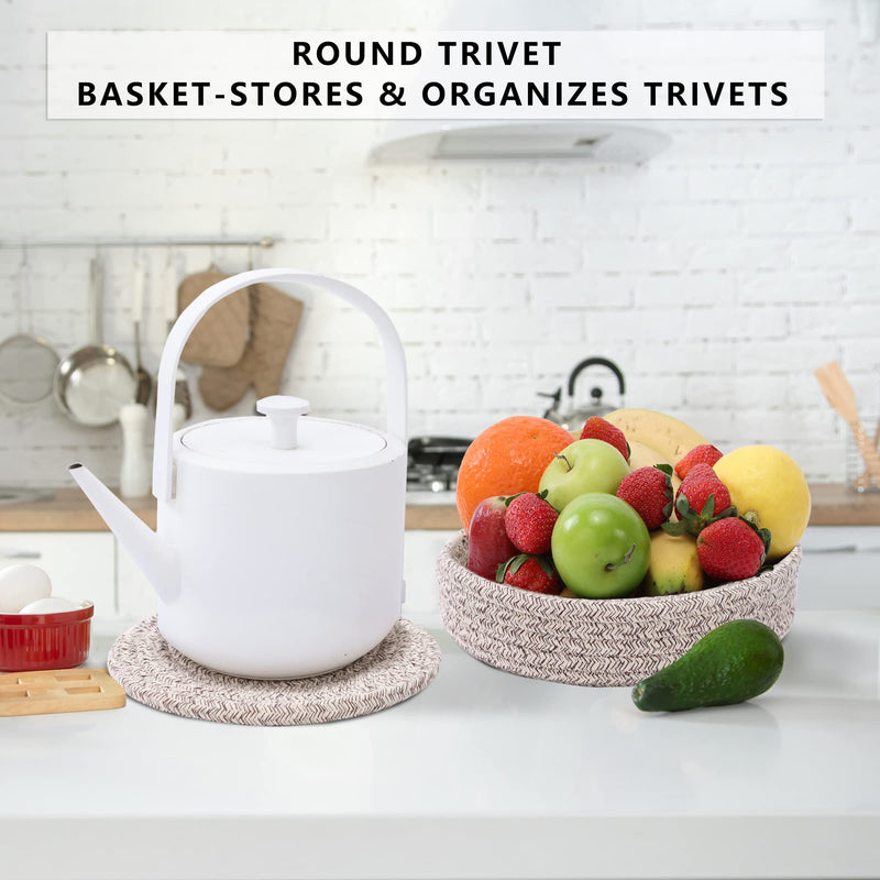 [Australia - AusPower] - Pot Holders Trivets Set 4 Pcs and Kitchen Storage Basket 1 Pack, Cotton Trivet Mat 7 Inchs for Hot Pots and Pans, Potholders for Hot Dishes, Table Countertop Protector Hot Pads Heat Resistant (Brown) Brown 