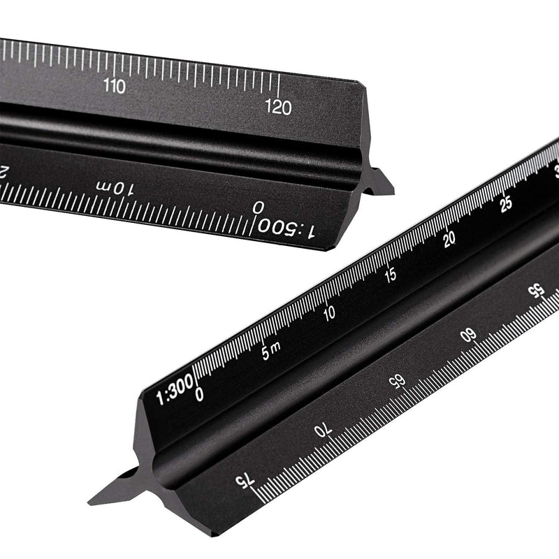 [Australia - AusPower] - 6 Pieces Aluminum Triangular Architect Scale Ruler Set, 2 Pieces 12 Inch Aluminum Scale Ruler with 4 Pieces Aluminum Triangle Ruler Square Set for Students, Draftsman and Engineers, Metric (Black) Black 