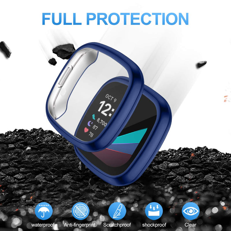 [Australia - AusPower] - LORDSON 3-Pack Screen Protector Case Compatible with Fitbit Sense/Versa 3, Soft Flexible TPU Bumper Case Full Protective Cover Frame Accessories for Sense/Versa 3 Smart Watch Black+Silver+Blue 