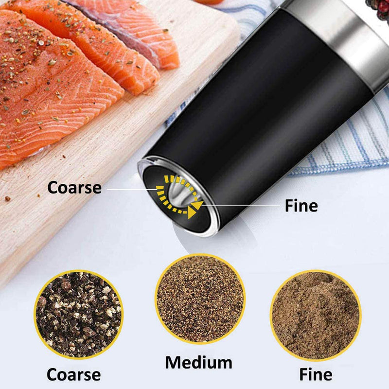[Australia - AusPower] - YAYAYOUNG Gravity Electric Grinder set of 2,Automatic Pepper and Salt Mill Grinder with Blue LED LIGHT,Electric Pepper Mill with Adjustable Coarseness,Refillable,salt and pepper shaker,pepper grinder Black 
