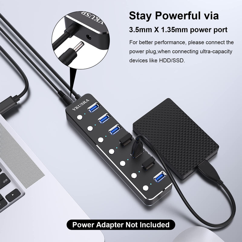 [Australia - AusPower] - USB Hub,VKUSRA 7 Port USB Hub 3.0 with 4ft USB Extension Cable Multiple Port,Individual USB On/Off Switch and LED Indicator,USB Splitter for Laptop,Mac,Xbox,Printer, Flash Drive USB HUB 7 PORTS 