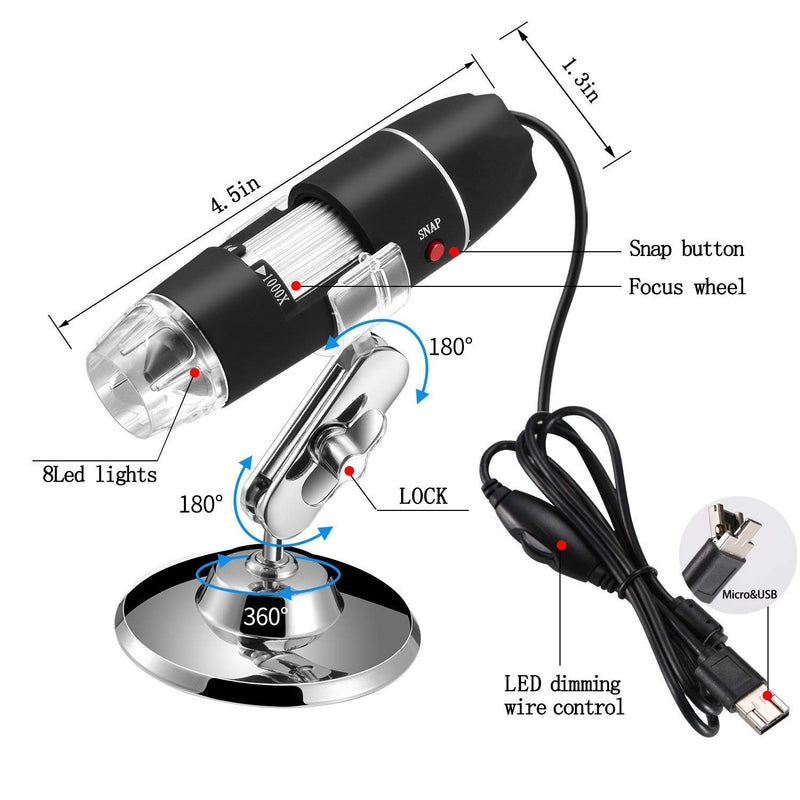 [Australia - AusPower] - Jiusion 40 to 1000x Magnification Endoscope, 8 LED USB 2.0 Digital Microscope, Mini Camera with OTG Adapter and Metal Stand, Compatible with Mac Window 7 8 10 Android Linux 