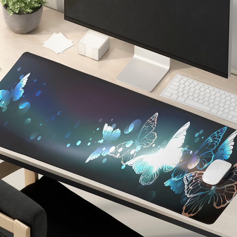 [Australia - AusPower] - Turquiose Butterfly Mouse Pad with Stitched Edge Glowing Night Large Desk Pad XXL Mouse Pad Office Desk Mat Non-Slip Waterproof Rubber Base Extended Mouse Mat Keyboard Pad 31.5x11.8 Inches 