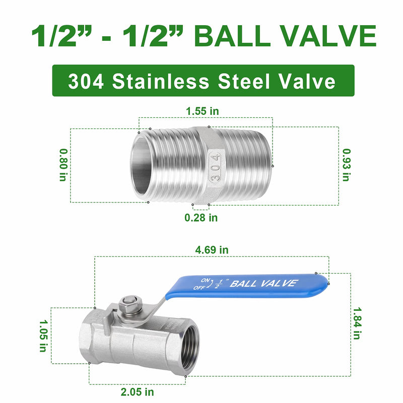 [Australia - AusPower] - TAISHER 4 Pcs 1/2 Inch FNPT Heavy Duty Ball Valve Kit, 304 Stainless Steel with Blue Handles & Nipple 1/2" FNPT 