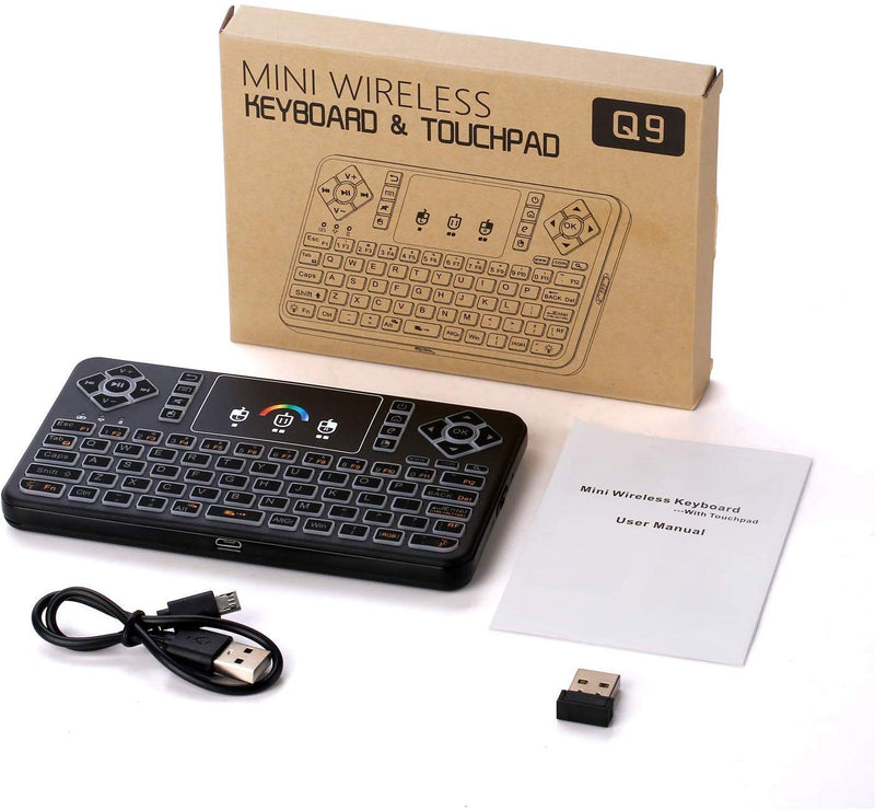 [Australia - AusPower] - Mini Wireless Keyboard,Q9 Mini Keyboard with Touchpad,Colorful Backlit Small Wireless Keyboard,Mini Rechargeable Handheld Remote Keyboard for PC,Raspberry Pi 4, Android TV Box,KODI,Windows 7 8 10 Q9 Colorful Backlit 