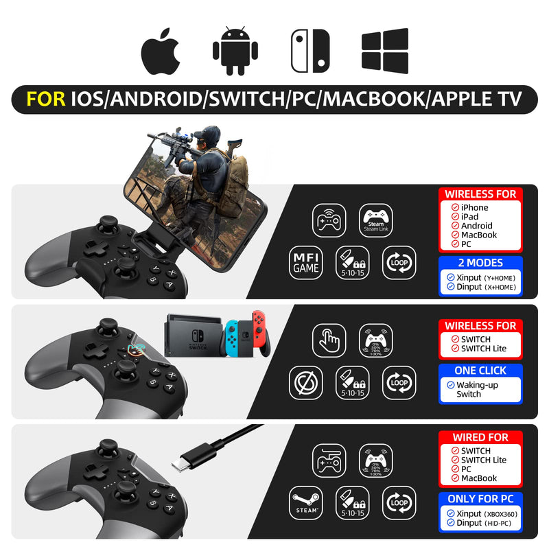 [Australia - AusPower] - Bluetooth Controller for Switch/PC/iPhone/Android/Apple Arcade MFi Games/TV/Steam, Pro Wireless Game Controller with Phone Clip with Newly Launched Lock Joystick Speed Function/6-Axis Gyro/Dual Motors Black 