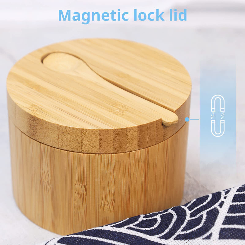 [Australia - AusPower] - Bamboo Salt Cellar with Mini Spoon by HTB, Kitchen Salt Box with Swivel Magnetic Closure Lid, Round Salt Container to Storage Pepper Spice Bath Salt Sea Salt 1pcs 