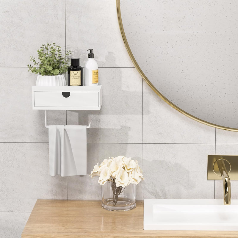 [Australia - AusPower] - Domax White Toilet Paper Holder with Shelf - Wall Mount/Adhesive Bathroom Toilet Paper Holder with Storage Drawer for Organizer Tampon or Small Items Bamboo Wood Tissue Toilet Paper Roll Holder, Small 