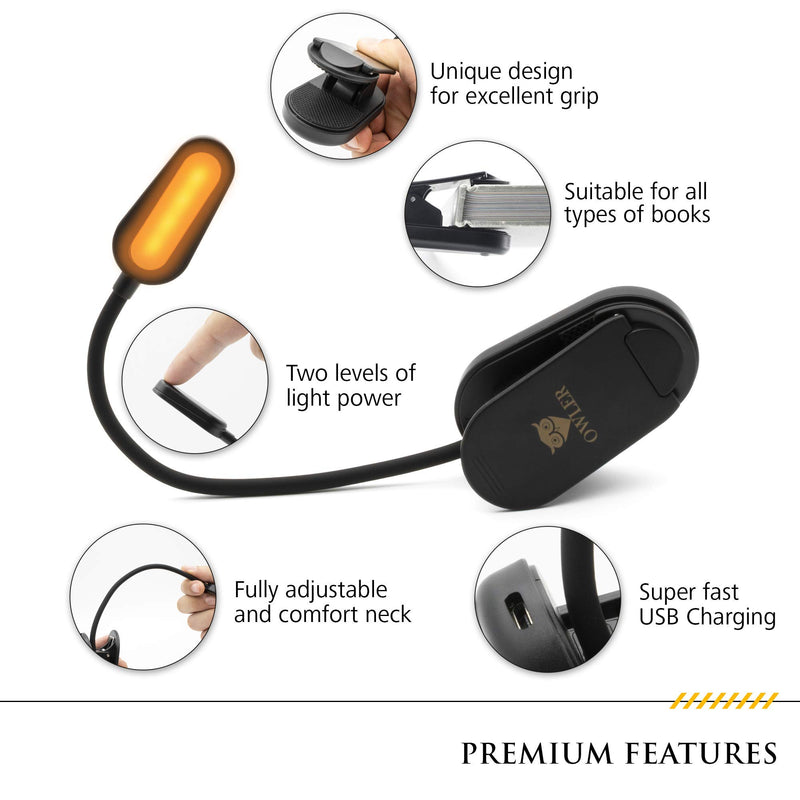 [Australia - AusPower] - Book Light for Reading in Bed at Night by OWLER, Clip On Amber Book Light, Warm LED Reading Night Light, USB Rechargeable, Kindle Accessory, Lampara para Leer Libros, Comes with Magnifier Bookmark 