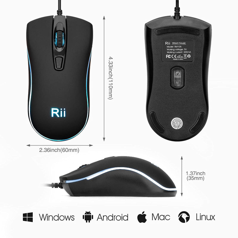 [Australia - AusPower] - Wired Mouse,Rii Computer Mouse with Blue Backlit,USB Mouse with 1600 DPI Levels,Comfortable Grip Ergonomic Optical ,USB Wired Mice Support Windows PC, Laptop,Desktop,Notebook,Chromebook (2PACK) 2PACK 