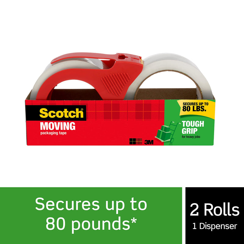 [Australia - AusPower] - Scotch Tough Grip Moving Packaging Tape, 1.88" x 54.6 yd, Strong Hold on All Box Types Including Recycled, Secures Boxes up to 80 lbs, 3" Core, Clear, 2 Rolls with 1 Dispenser (3500-2-1RD) 