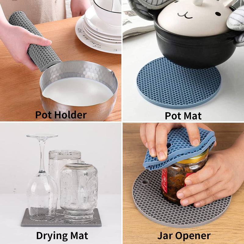 [Australia - AusPower] - Silicone Trivet Mats, Silicone Pot Holders for Hot Pan and Pot Pads. Heat Resistant Counter Mats for Tables, Countertops, Spoon Rest and Large Coasters, 4 Pack Gray& Blue(2 Squared + 2 Round Mats) A-Blue, Gray 