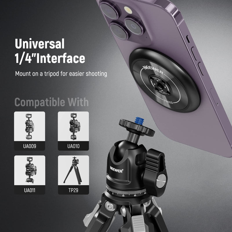 [Australia - AusPower] - NEEWER Magnetic Phone Tripod Mount Adapter with 1/4" Holes Compatible with iPhone MagSafe Selfie Stick for 14 Pro/Pro Max/Plus/Mini 13 12, Phone Holder for Ring Light Video Recording, PA010 