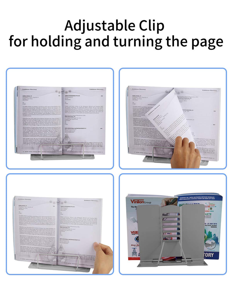 [Australia - AusPower] - Blizzow Desk Book Stand Holders for Reading Hands Free, Durable Metal Adjustable Book Stand, Sturdy Lightweight Foldable Portable Bookstand -Cookbook, Recipe, Tablet, Music Book, Documents (Grey) Gray 