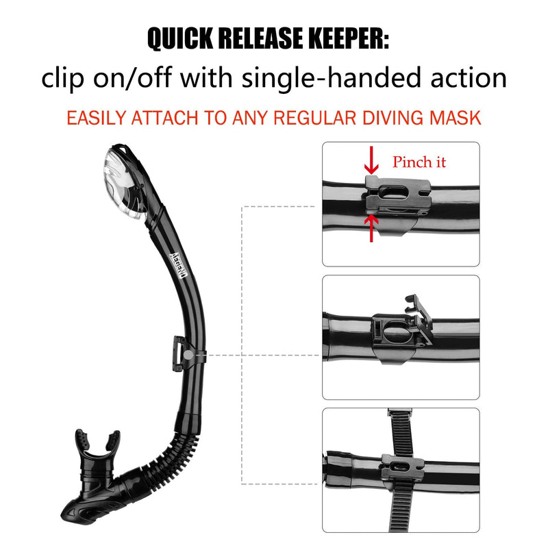 [Australia - AusPower] - Aegend Dry Snorkel, Dive Mask Easy-Breath Free Diving Snorkel for Snorkeling Scuba Diving Freediving Swimming, with Top Dry Valve and Food-Grade Silicone Mouthpiece Black 