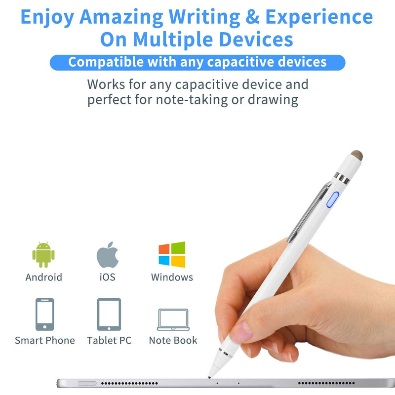 [Australia - AusPower] - 2-in-1 Active Stylus Digital Pen with 1.5mm Ultra Fine Tip for iPad iPhone Samsung Tablets, Work on Touchscreen Phones and Tablets,Good at Drawing and Writing, White 