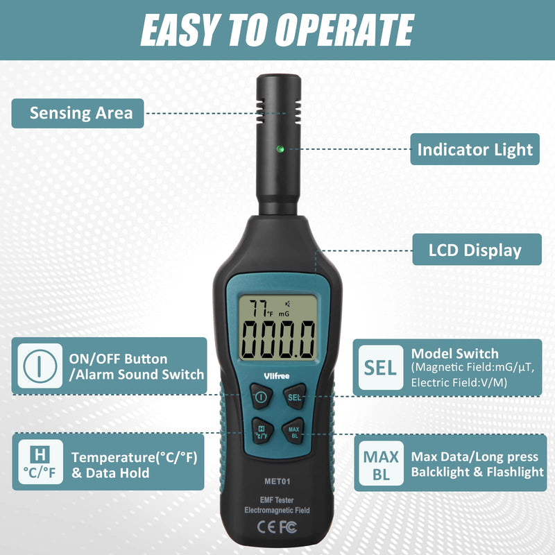 [Australia - AusPower] - EMF Meter, Vlifree EMF Detector with Digital LCD Backlit Display for Electromagnetic Field 5HZ-3500MHz, Electronic Radiation, Temperature Detector, EMF Tester for Home, Office, Outdoor & Ghost Hunting 