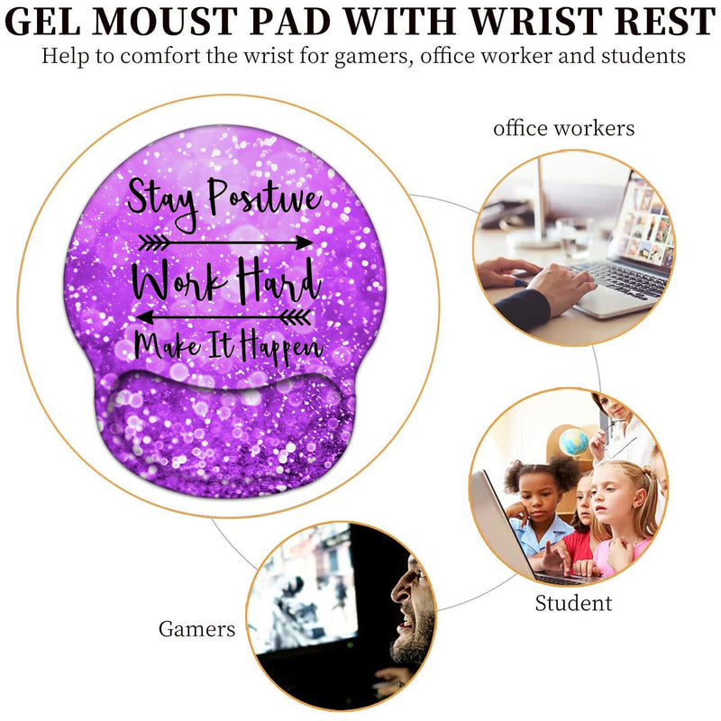 [Australia - AusPower] - Mouse Pad with Wrist Support Gel Ergonomic Mouse Pads with Rest Support Mouse Pad for Home Office Working Pain Relief + Coaster, Stay Positive Work Hard and Make It Happen Purple Glitter Yu-mouse Pad-2-h24 