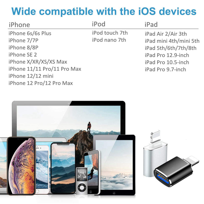 [Australia - AusPower] - Lightning to USB3 Adapter 2 Pack, ROSYCLO MFi Certified USB OTG Data Sync Converter for iPhone 12/11/X/8/7/6/iPad,Camera,Card Reader,USB Flash Drive,Mouse,MIDI Keyboard iOS 9.2-14+(Silver+Black) 