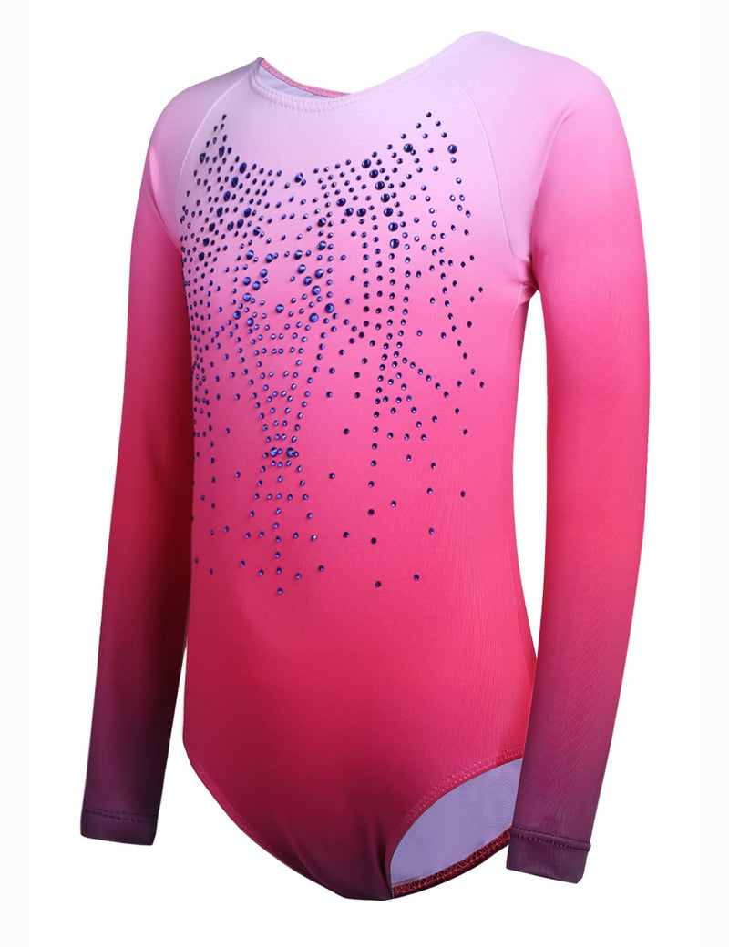 [Australia - AusPower] - Arshiner Kid Girls Long Sleeve Color Gradient Gymnastics Leotard Shiny Diamond Ballet Dance One Piece Outfit 7-8 Years Rose Red 