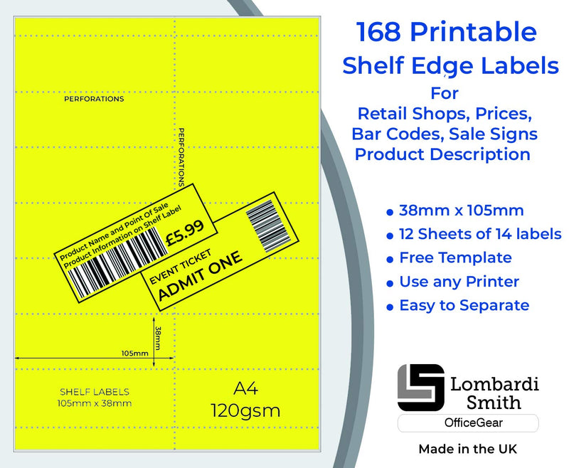 [Australia - AusPower] - OfficeGear Yellow Shelf Edge Labels [168 Pack] 38x105mm Printable A4 Card 14 Perforated Labels / Sheet for Retail Barcodes, Price Stickers, Point of Sale, Product Info, Shelf Promotions Incl Template 