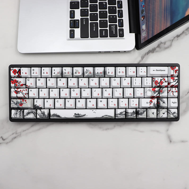 [Australia - AusPower] - JSJT Custom Keycap-Keycaps 60 Percent Suitable for GK68/RK68 Mechanical Keyboards 68 White Key Set Japanese Keycaps OEM Profile PBT Keycaps with Keycap Puller (Plum Blossom Keycaps) 68-JP 