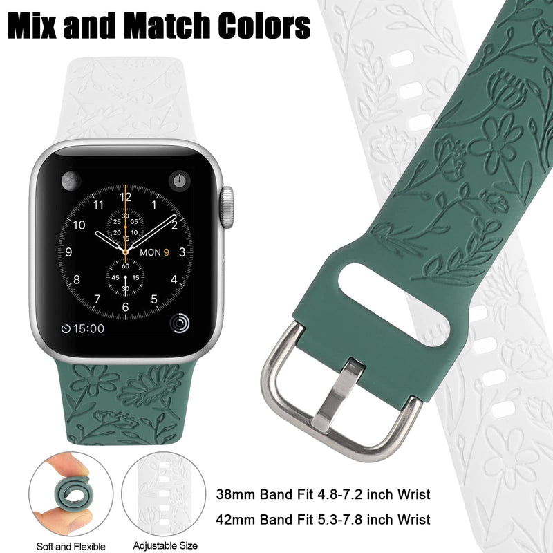 [Australia - AusPower] - 2 Pack Flower Engraved Sport Strap Compatible with Apple Watch Bands 38mm 40mm 41mm, Women Floral Laser Soft Silicone Wristband Replacement iWatch Series 7 6 5 4 3 2 1 SE White Green 38/40/41mm 