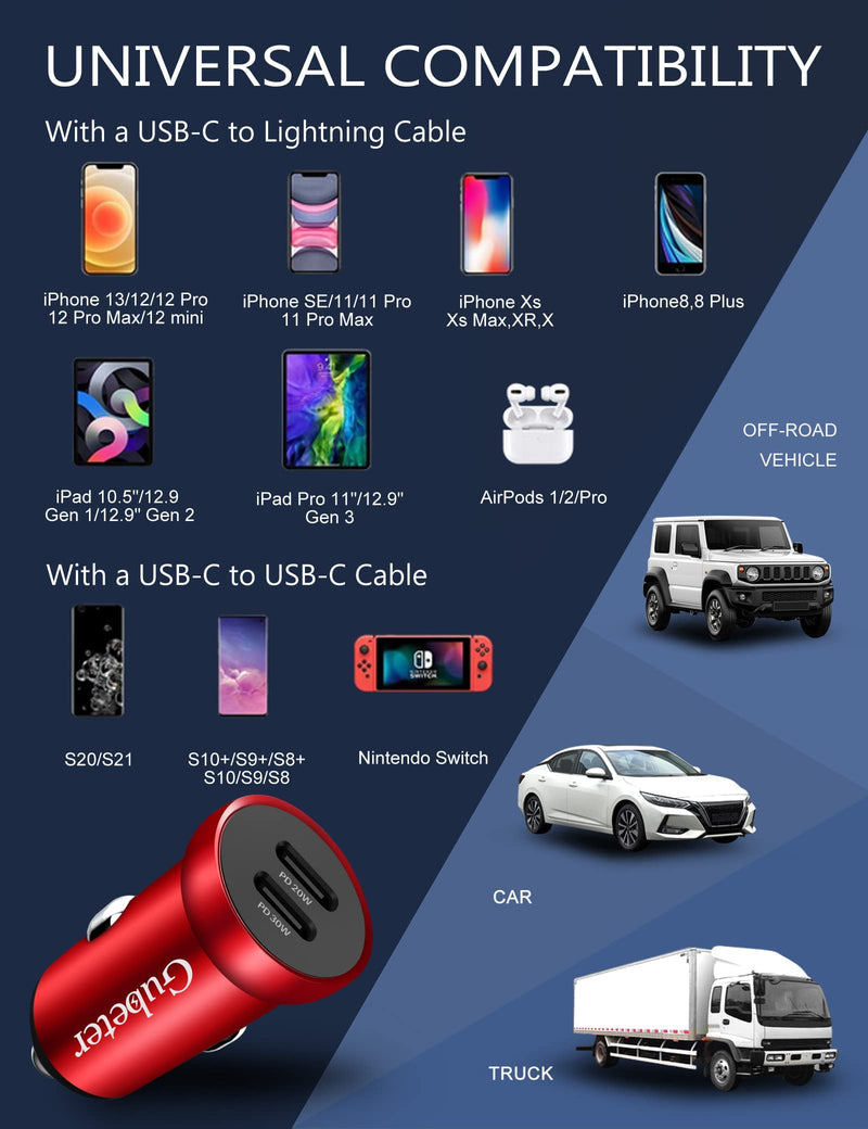 [Australia - AusPower] - USB C Car Charger 50W Adapter - PD 3.0 Dual Port USB C Car Charger Fast Charging for iPhone 13/iPad Pro, Type C Car Charger PPS Rapid Charger for iPhone 12/12 Pro/11 Max Mini, Galaxy S21/S20/S10-Red Red 