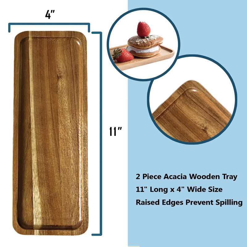 [Australia - AusPower] - Set of 2 Acacia Wood Serving Tray, 11 x 4 inches Rectangular Wooden Platters for Serving Food Dessert Appetizer Plates Finger Food Cheese Boards Fruit Cookie Trays 