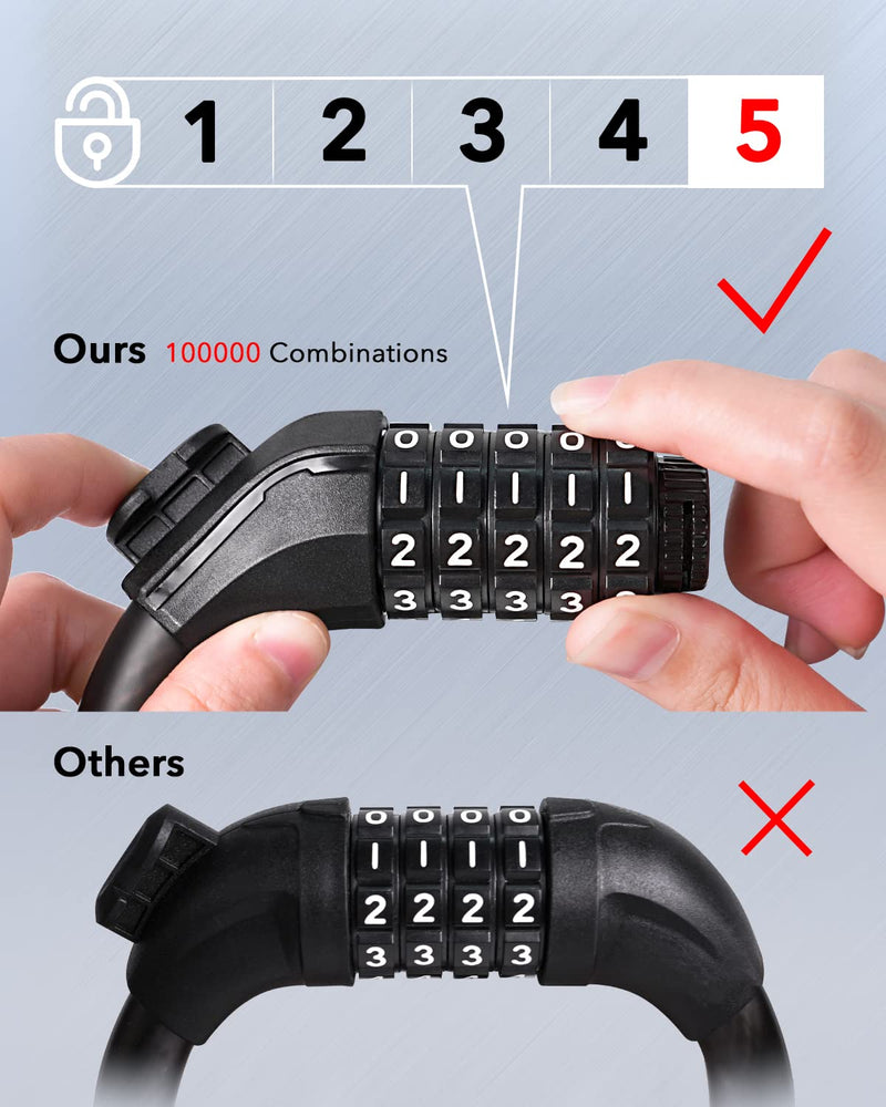 [Australia - AusPower] - KEYSTP Bike Lock Cable, Up to 15mm Thicker Steel Cable, High Security 5-Digit Resettable Combination Bicycle Lock Anti-Theft, Scooter Lock with Mounting Bracket for Bikes and Scooters（Without Key) 