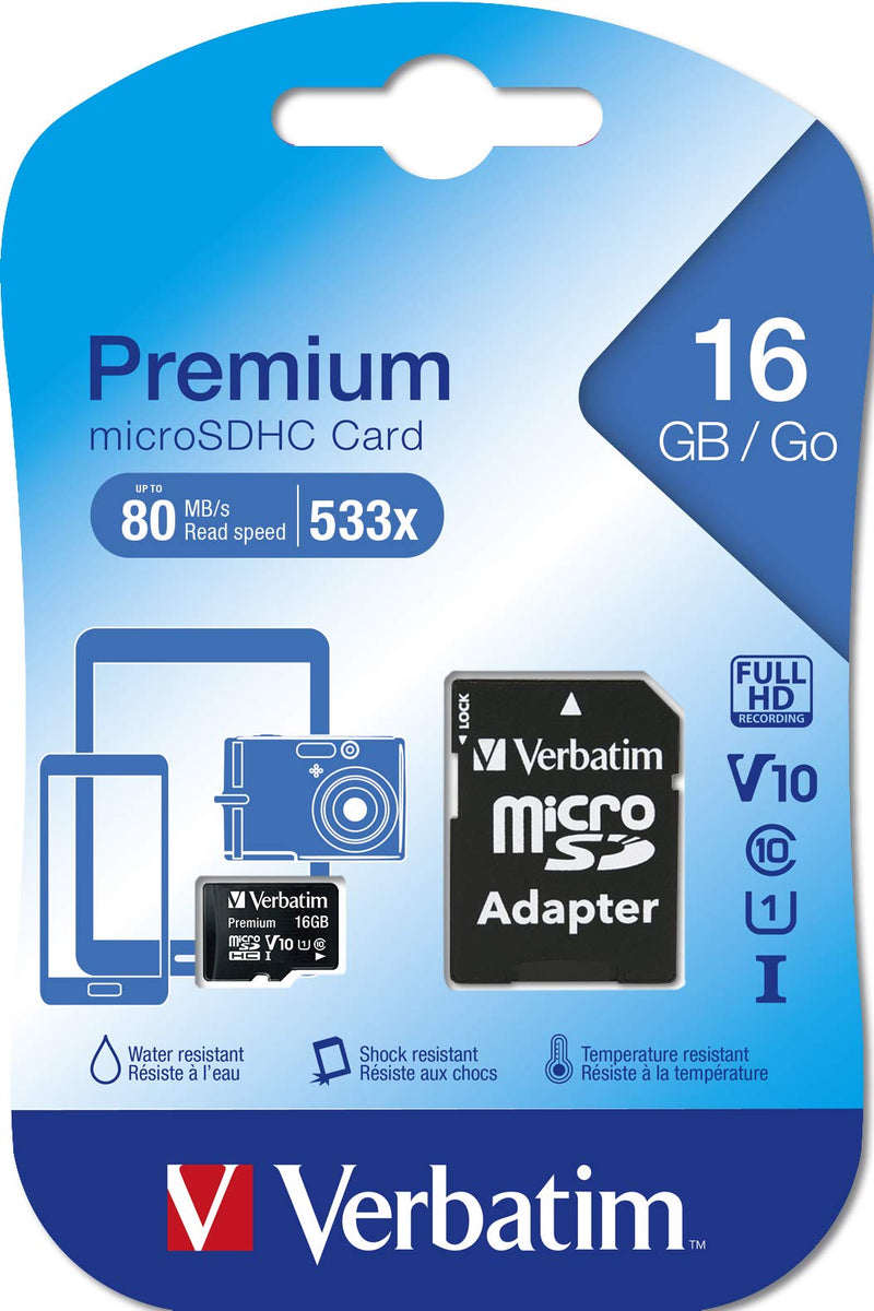 [Australia - AusPower] - Verbatim 16GB Premium microSDHC Memory Card with Adapter, UHS-I V10 U1 Class 10, Black (44082) 