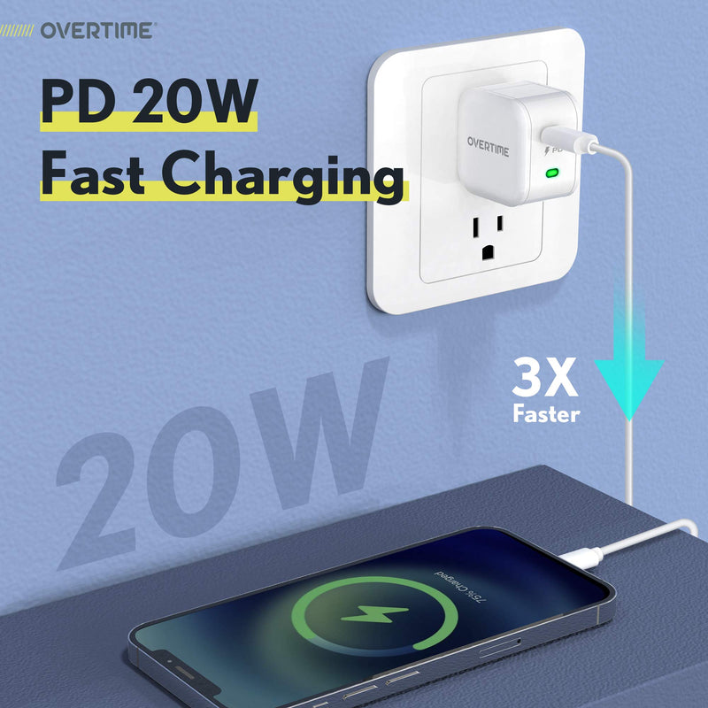 [Australia - AusPower] - iPhone 11/12/13 USB C Fast Charger and Cable, Overtime 20W Fast Charger for iPhone | USB C to Lighting Cable and PD 3.0 Type C Wall Charger for iPhone 11/12/13 Pro & Max - White - White 6ft + 10ft 2 Pack 