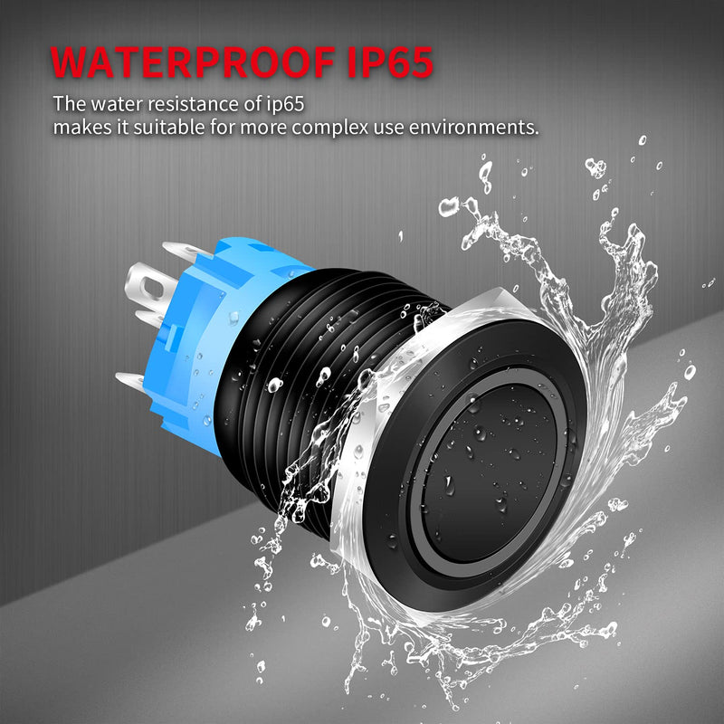 [Australia - AusPower] - DaierTek Momentary Push Button Switch 12V Waterproof LED Horn Button Switch 12 Volt Stainless Steel 22mm for Automotive Car Marine Boat Train -2pcs Black 22mm Blue Ring Illuminated 