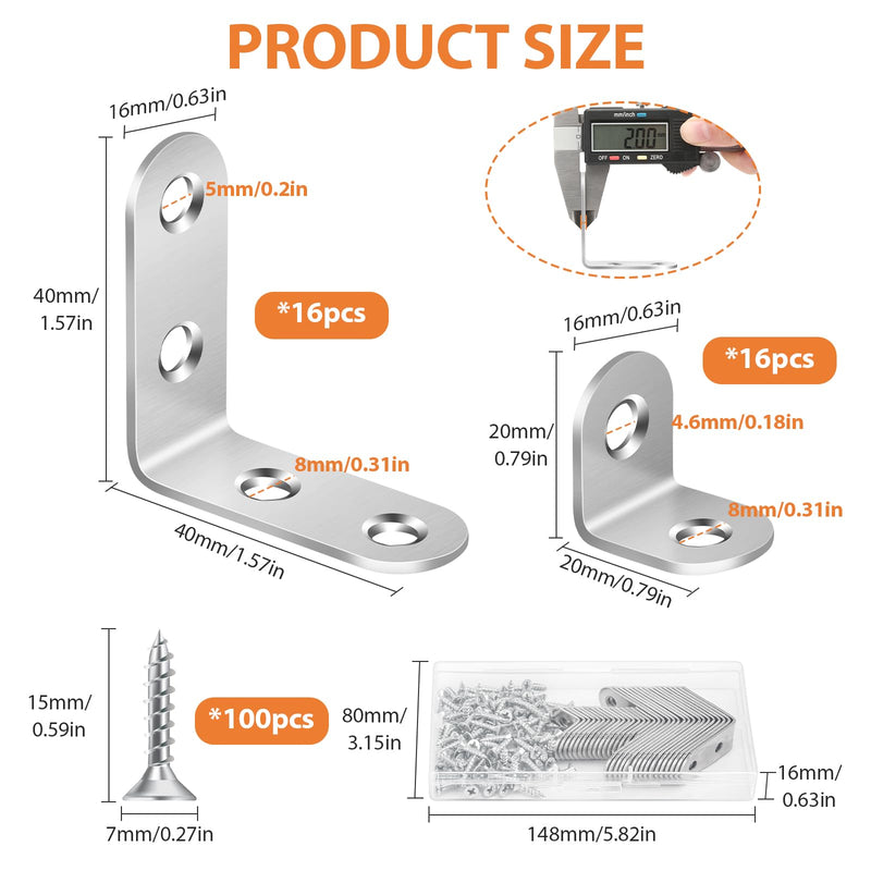 [Australia - AusPower] - MAPVOLUT 32 PCS L Bracket, Heavy Duty L Brackets for Wood Shelves, with 100* Screws, 90 Degree Stainless Steel Corner Angle Bracket Metal Shelf Brackets Corner Cabinet, 16*(1.6x1.6in), 16*(0.8x0.8in) 