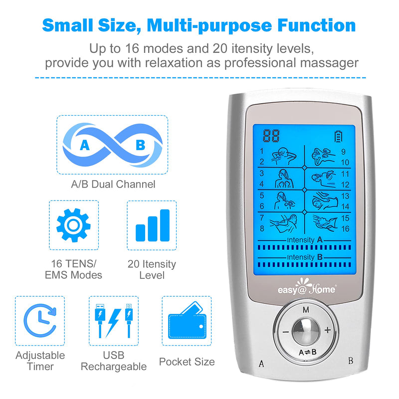 [Australia - AusPower] - Easy@Home Rechargeable TENS Unit + EMS Muscle Stimulator, 2 Independent Channels, 20 Intensity Levels, 8 Massage Types+16 Modes, 510K Cleared FSA Eligible Handheld Electronic Pulse Massager, EHE029G-B 