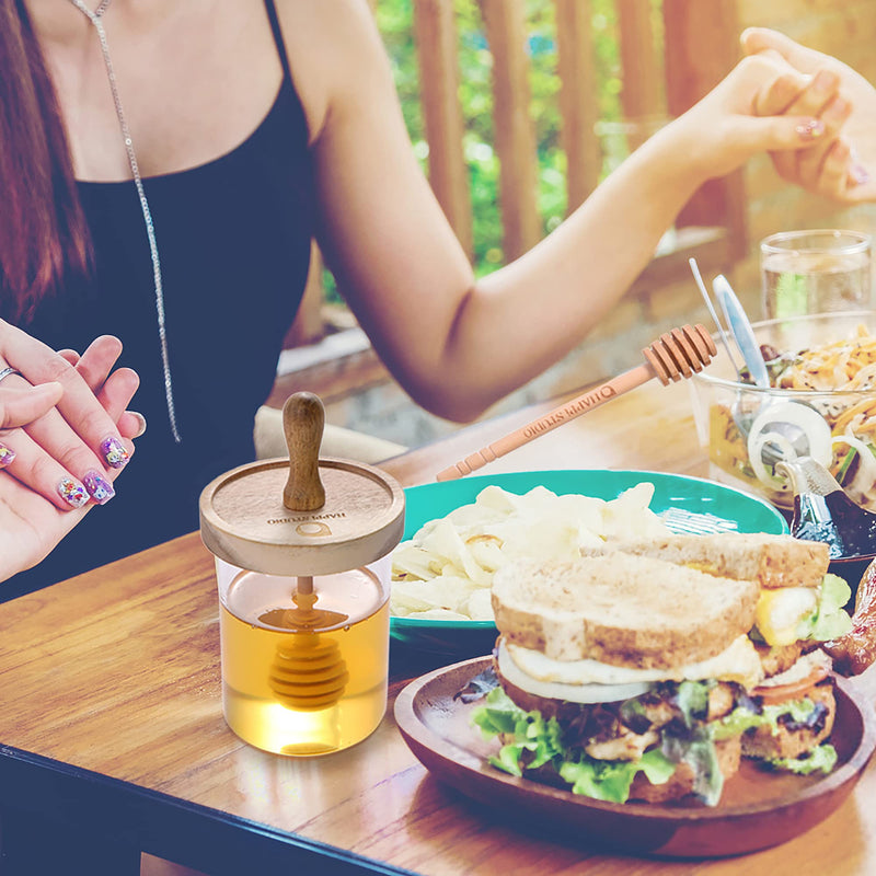 [Australia - AusPower] - HAPPi STUDIO Airtight Honey Pot - 13 Oz Honey Jar - Honey Jar and Dipper Set - Honey Jars with Dipper - Honey Dipper Stick and Jar Set - Honey Dispenser - Honey Containers - Glass Honey Holder 
