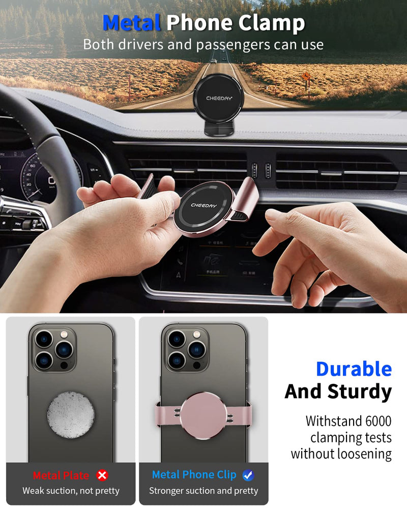 [Australia - AusPower] - CHEEDAY Metal Phone Clamp and Magnetic Car Phone Mount for Dashboard, [Strong Magnetic] Cell Phone Holder Hands-Free Magnet Phone Clip for Car Compatible with iPhone, Samsung and All Phones, Pink Dash Pink 