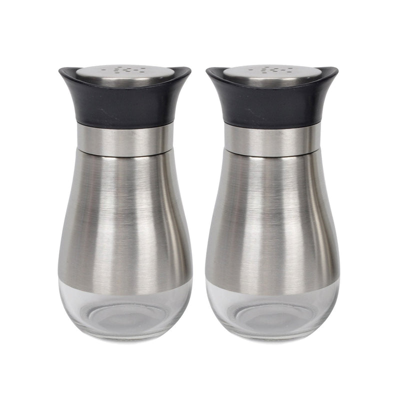 [Australia - AusPower] - Evelyne 2-Piece Set Salt & Pepper Glass Shaker Stainless Steel Cover with Tray Black 