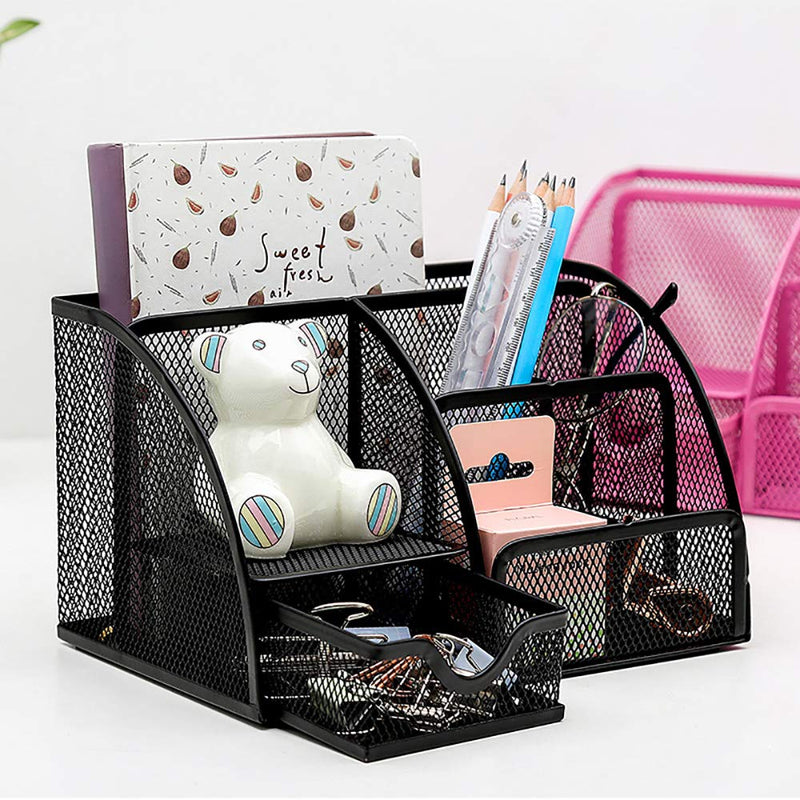[Australia - AusPower] - VANRA Office Supply Caddy Mesh Desk Organizer School Supply Holder 6 Compartments with Drawer (Black) 
