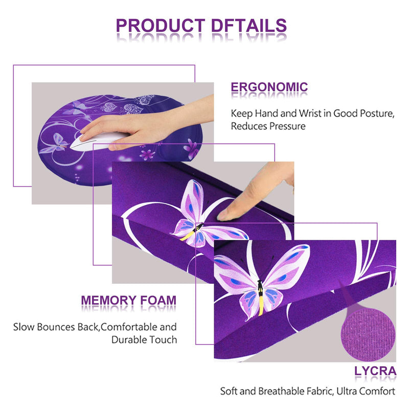 [Australia - AusPower] - ArtSo Upgraded Wrist Rest Support for Mouse Pad & Keyboard, Ergonomic Gel Mousepad Non-Slip Rubber Base Home ,Office Pain Relief, Easy Typing Cushion Neoprene, Soft Memory Foam, Purple Heart butterfly 