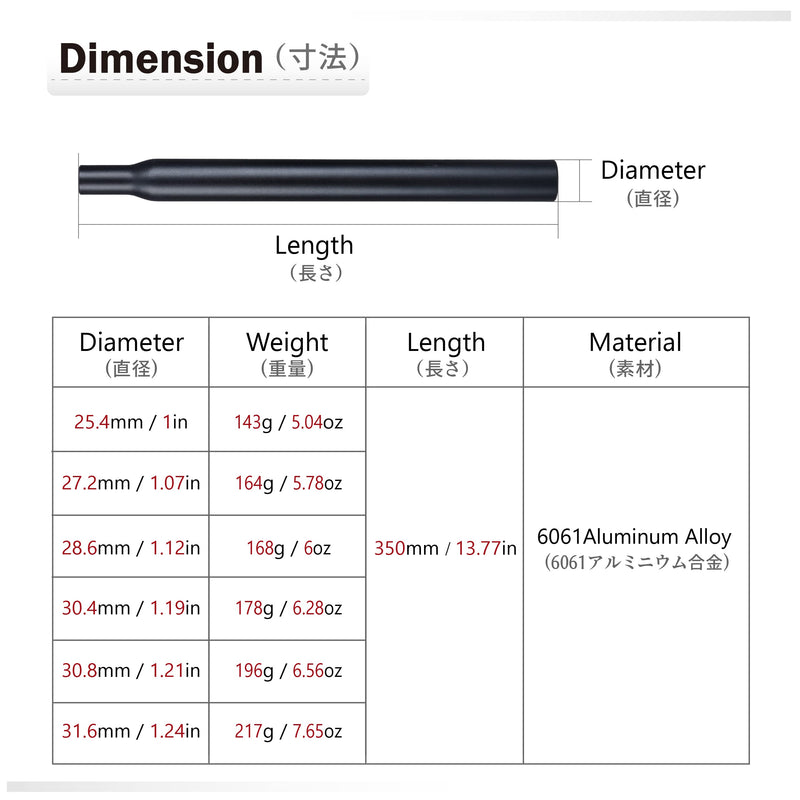 [Australia - AusPower] - Azarxis Bike Seatpost Aluminum Alloy Pole Seat Tube 25.4mm / 27.2mm / 28.6mm / 30.4mm / 30.8mm / 31.6mm x 350mm for Mountain Bike Fixed Gear Bicycle Black 25.4 x 350mm 