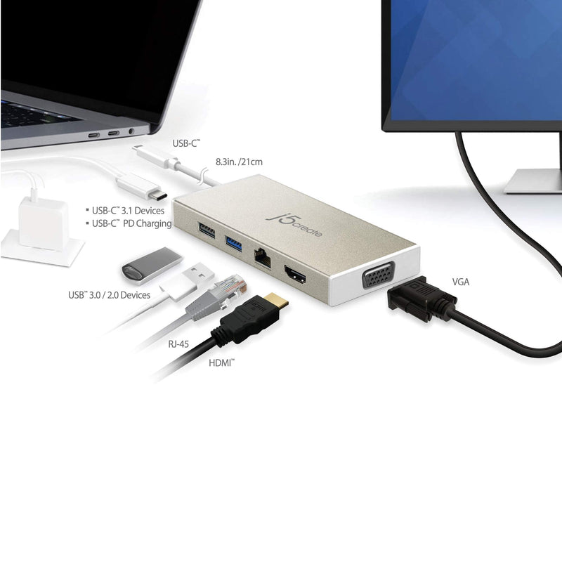 [Australia - AusPower] - j5create USB-C 3.1 Mini Hub- USB 3.1/3.0/2.0| HDMI 1920 x 1200 @ 60 Hz/VGA 1920 x 1200 @ 60 Hz | Gigabit Ethernet | Compatible with USB C Devices 