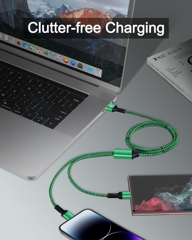 [Australia - AusPower] - [2-in-1|4FT] USB to Lightning & Type C Charging Cable, 2Pack Braided Multiple Charger Cord Fast Charging Wire for iPhone 14/13/12/11 Pro Max, X/XR/XS/8 Plus, iPad Air/Mini, Samsung Galaxy, Pixel, LG Green, Pink 