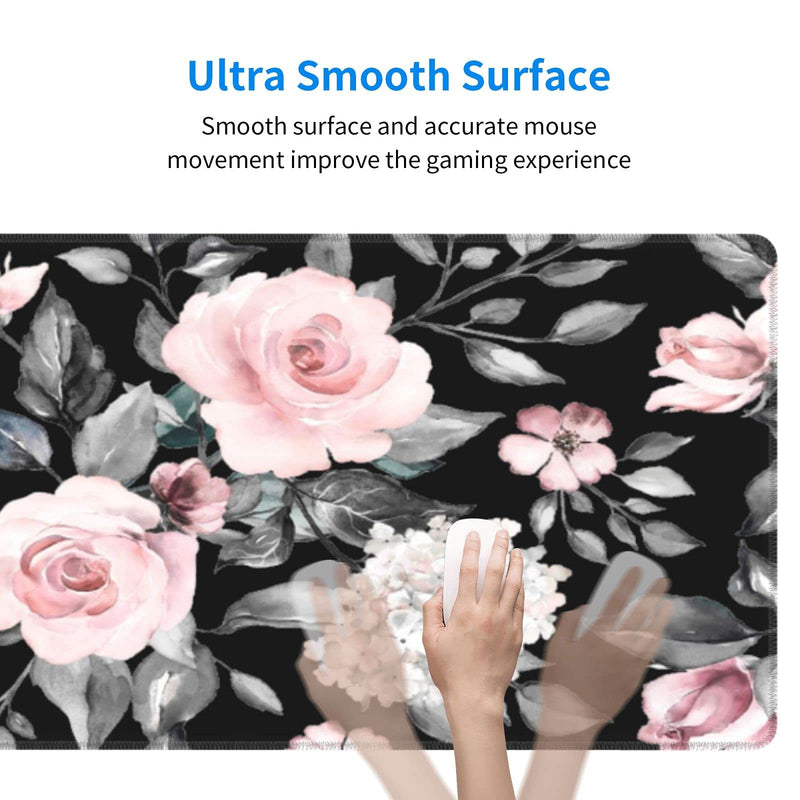 [Australia - AusPower] - Floral Extended Gaming Mouse Pad Non-Slip Rubber Base Black Large Mousepad 31.5x11.8in with Stitched Edge Waterproof Pink Peony Flowers Pads Computer Black Desk Laptop Mats for Work/Game/Office/Home Flower 
