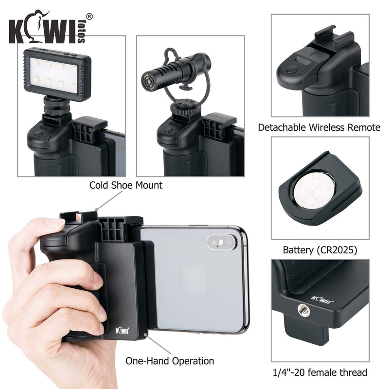 [Australia - AusPower] - KIWIFOTOS 3 in 1 Cell Phone Tripod Mount, Phone Camera Grip Handle Holder with Detachable Bluetooth Shutter Remote Control and Cold Shoe Mount for iPhone Android Smartphone Selfie Vlog Video Shooting 