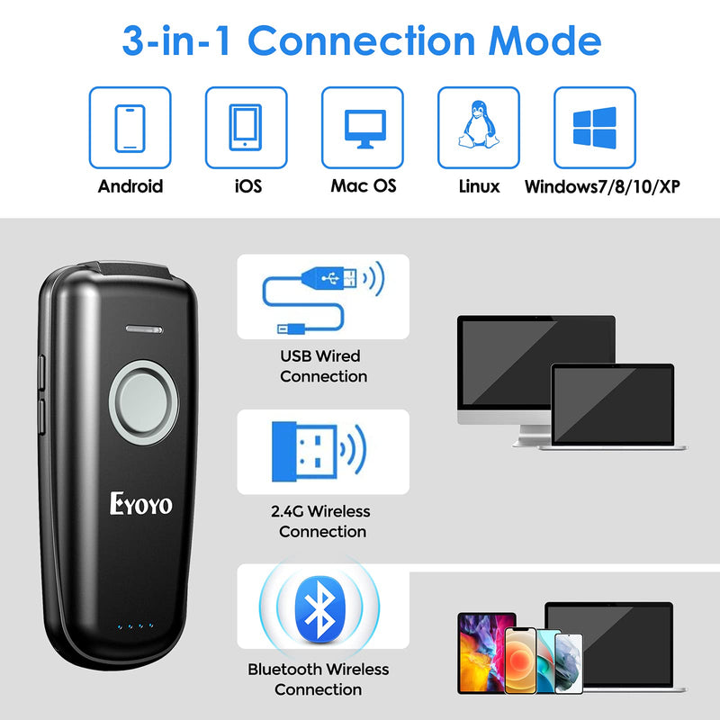 [Australia - AusPower] - Eyoyo Mini 1D Bluetooth Barcode Scanner Wireless, With Power On/Off Button, Volume Up/Down Button,1500mAh Rechargeable Battery, Portable Bar Codes Reader for Windows, Mac Computer, Android, iOS Phones Gray 