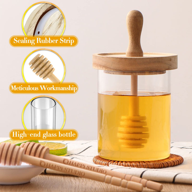 [Australia - AusPower] - HAPPi STUDIO Airtight Honey Pot - 13 Oz Honey Jar - Honey Jar and Dipper Set - Honey Jars with Dipper - Honey Dipper Stick and Jar Set - Honey Dispenser - Honey Containers - Glass Honey Holder 
