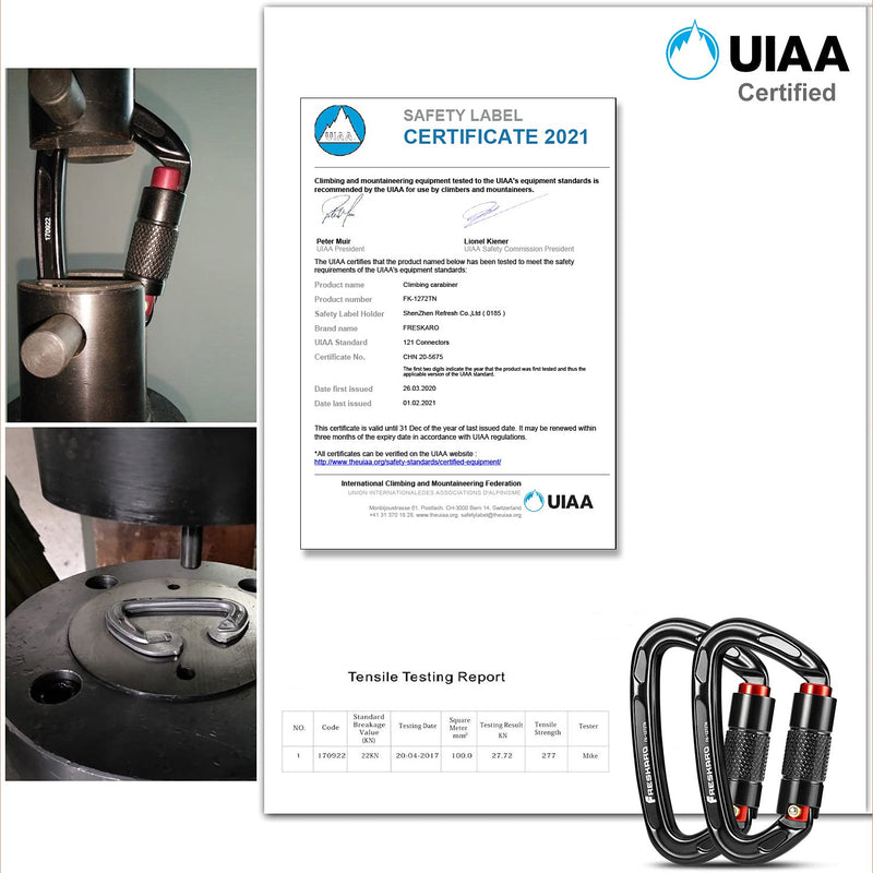 [Australia - AusPower] - FresKaro UIAA Certified 25KN Auto Locking Climbing Carabiner Clips,Twist Lock and Heavy Duty Carabiners for Rock Climbing, Rappelling and Mountaineering, D Shaped 3.93 Inch, Large Size, Black 
